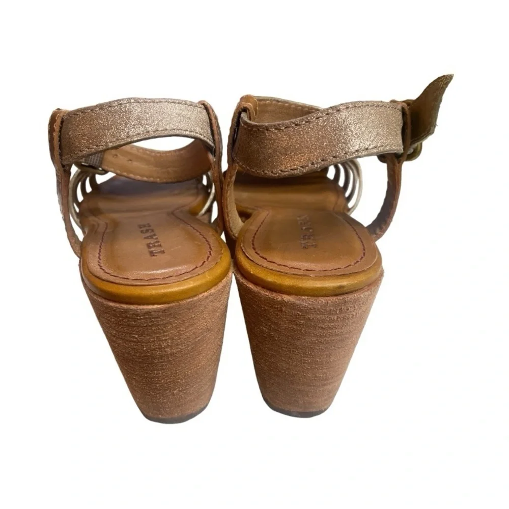 Trask Taupe Glittery Gold Strappy Platforms Leather Wedge Heel |  Size: 8